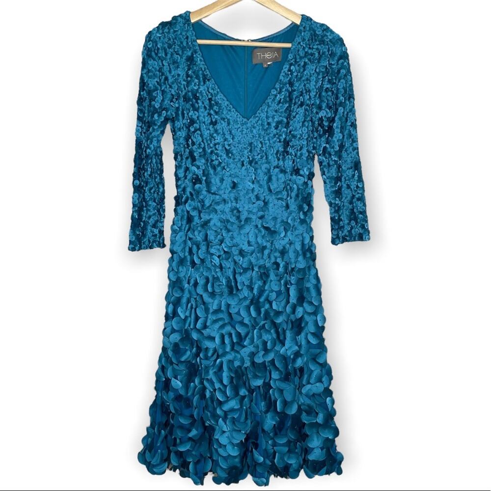 Theia Blue 3D Floral Cocktail Dress 3/4 Length Sleeves 2